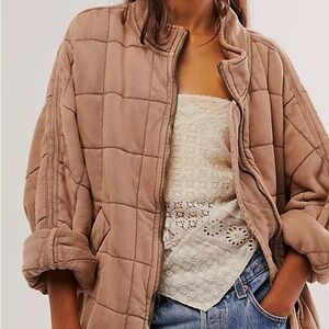 Free People Brown Quilted Zip-Up Hoodie